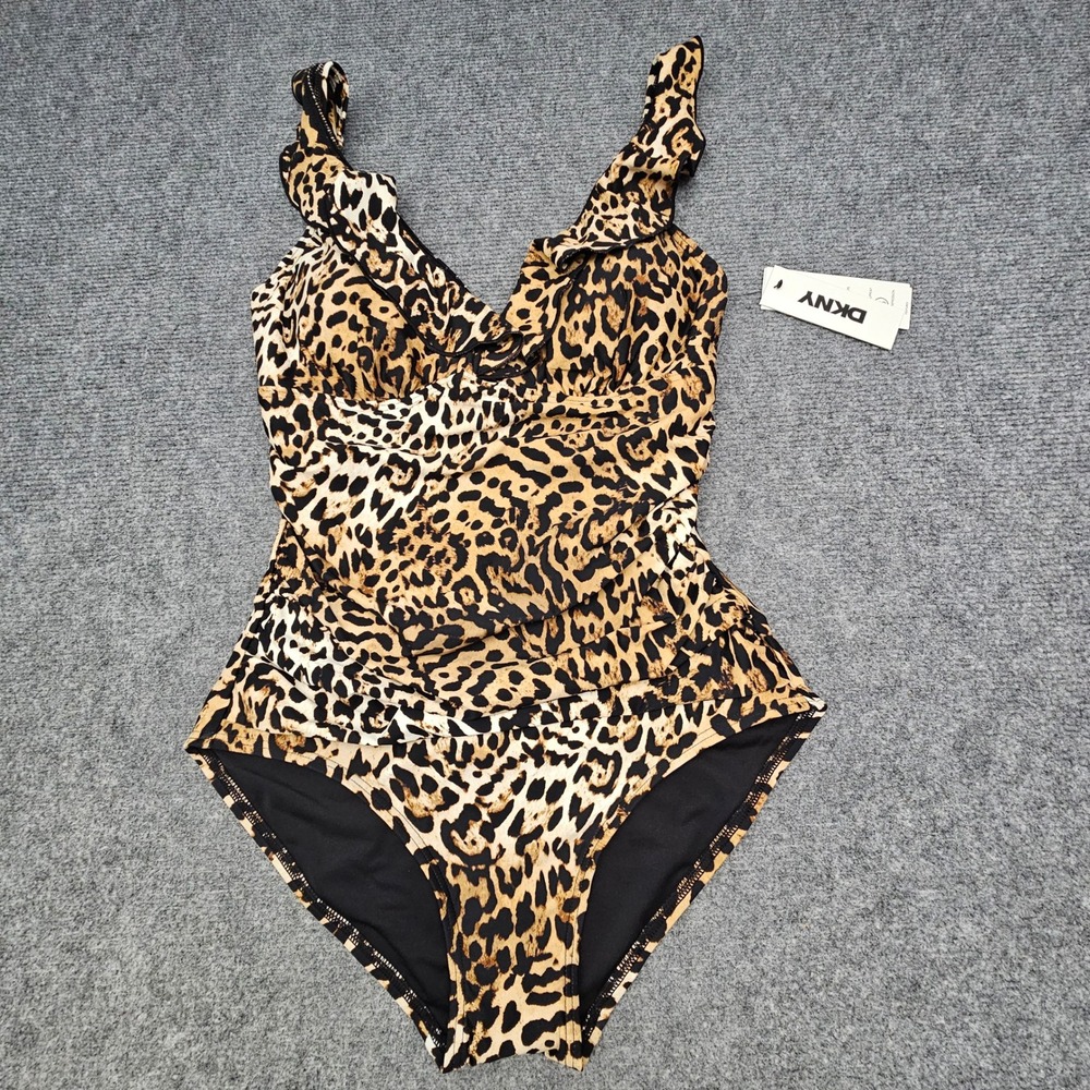 DKNY One Piece Swimsuit Women UPF 40+ M Brown Leopard Print Ruffle Tummy Control - Picture 1 of 9